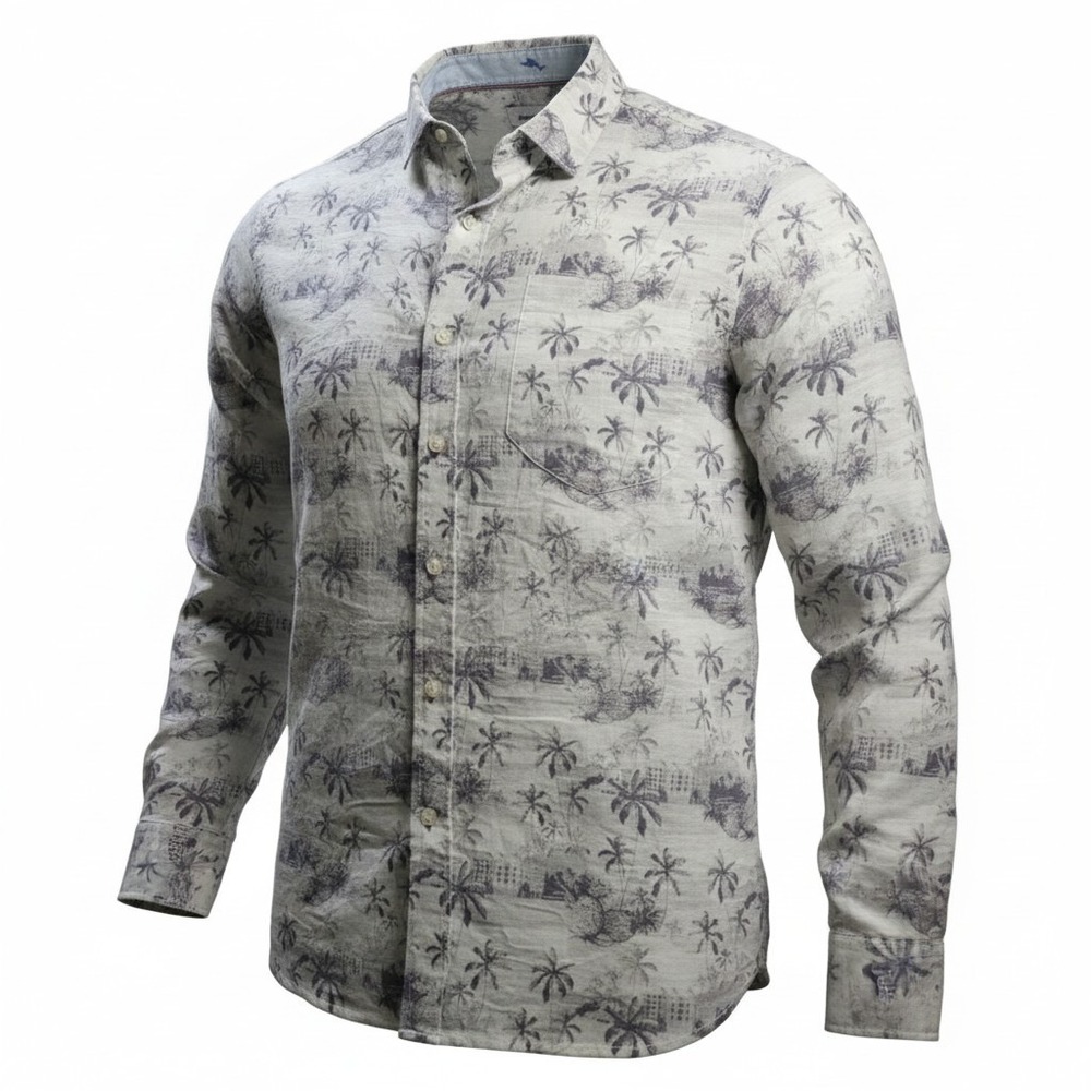 Tommy Bahama Island Life Linen Shirt Mens XL Gray Palm Print Tropical Beach